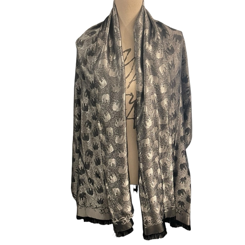 Black/Grey/Silver Fringe Elephant Reversible Silky Scarf Wrap Shawl - Picture 8 of 11